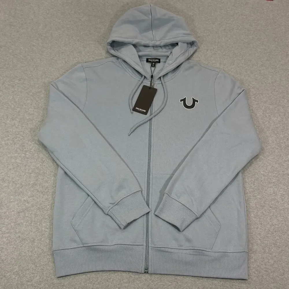 True Religion Men's OBB Full Zip Hoodie Dusty Blue Fleece Sweatshirt Large L NWT